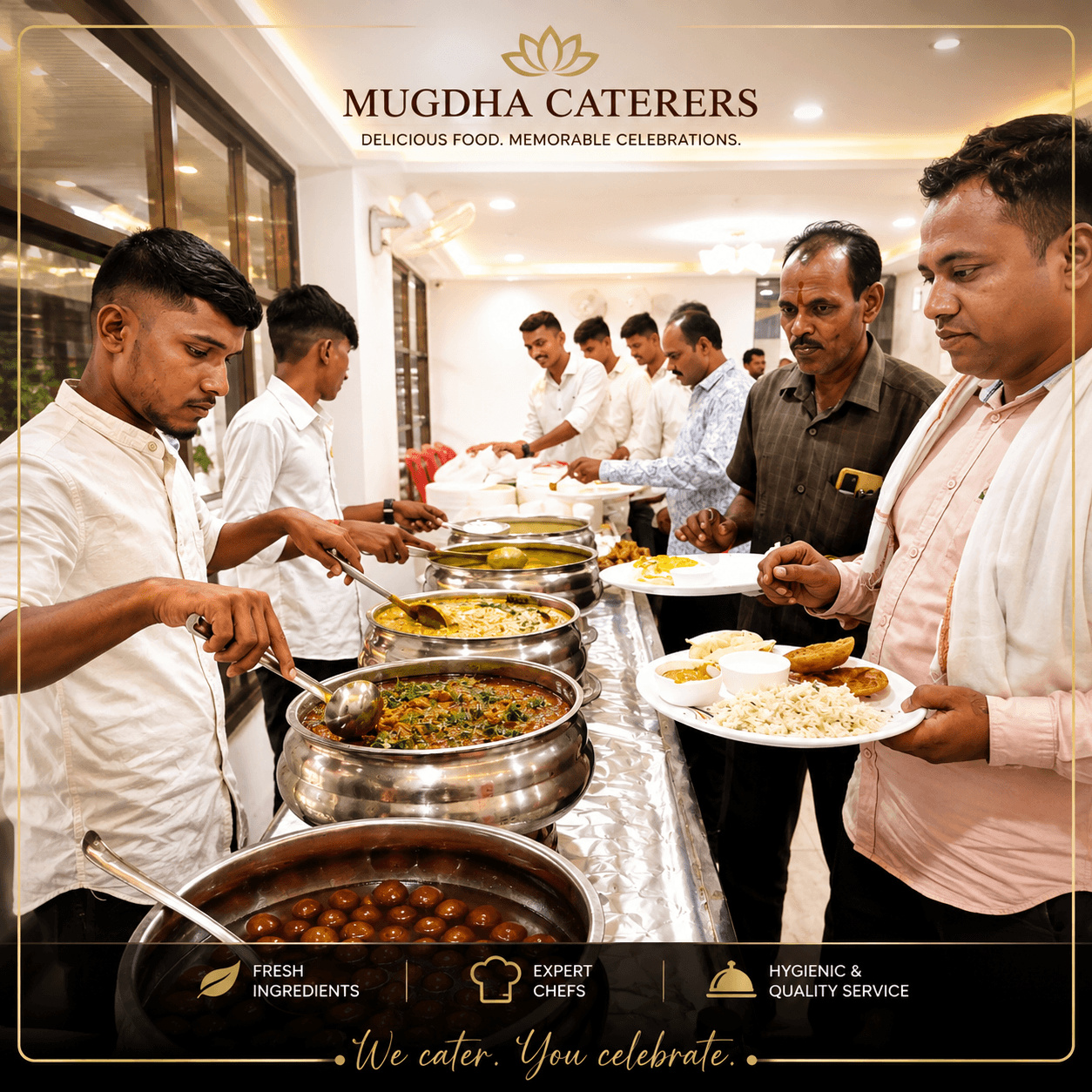 Chef preparing fresh dosas on a large tawa at a live counter, steam rising, evening event lighting
