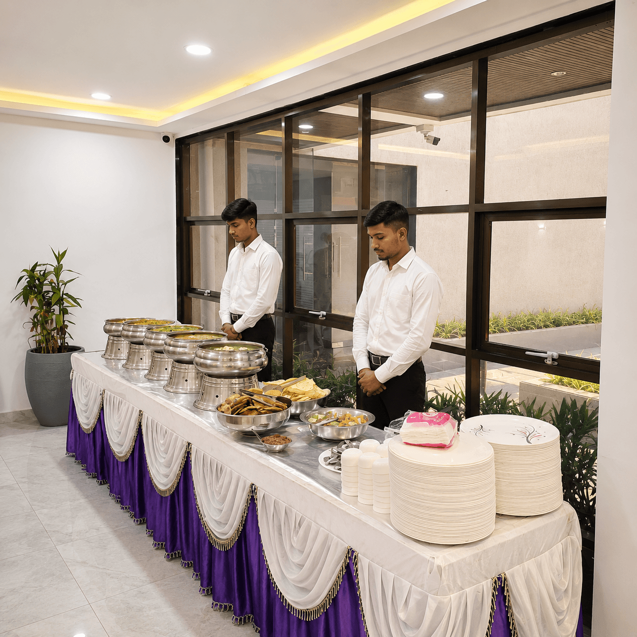 Elegant buffet spread with Indian dishes under warm string lights, dimly lit event hall, dark wooden tables